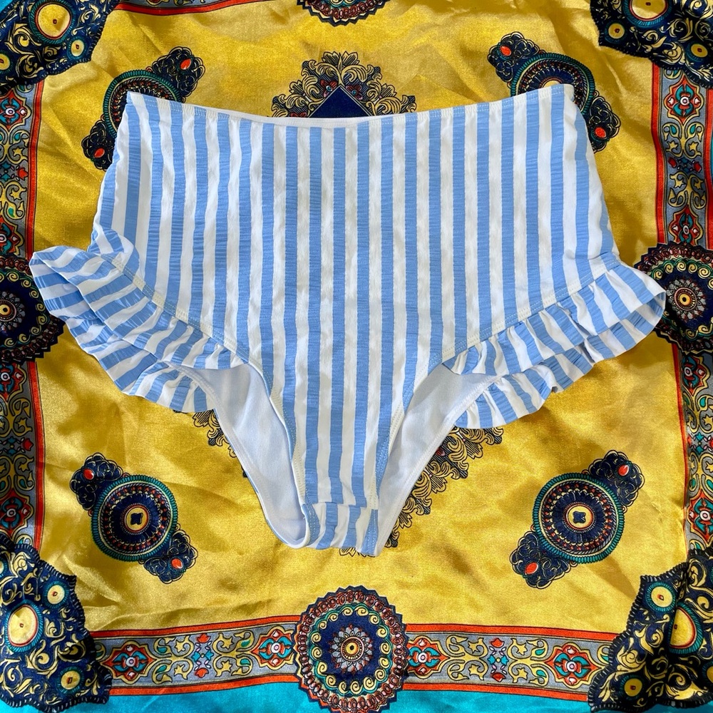 Paper London High Waisted Ruffle Striped Bikini Bottom S